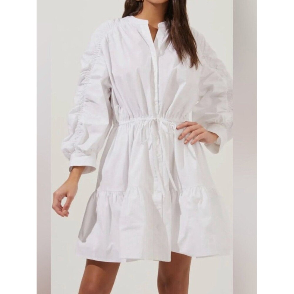 Astr the Label White Ruched Sleeve Womens Size Small Tiered Mini Shirt Dress